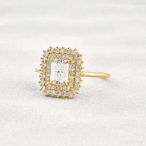 Bague de fiançailles et de mariage à double halo taille brillant, style vintage, diamant certifié IGI, or massif 18 carats, placage rhodium, géométrique - Product Image 4