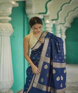 DALLE DE LIN DOUX À LA MODE JACQUARD TRAVAIL SAREE AVEC BLOUSE INCOSUE VÊTEMENT DE SOIRÉE PRIX DE GROS VÊTEMENT ETHNIQUE BLEU - Product Image 4