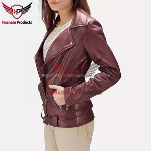 Womens Real Maroon <b>Leather</b> Biker <b>Jacket</b> Asymmetric Zip Lapel Collar Sheepskin Coat Zipper Pockets Slim Fit Custom Outwear Look - Product Image 3