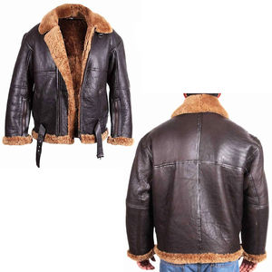 Vintage Sheep Leather Biker <b>Jacket</b> for <b>Men</b> <b>Sherpa</b> Lined Zip Up Flight <b>Jacket</b> with Adjustable Belt Winter Outerwear - Product Image 4