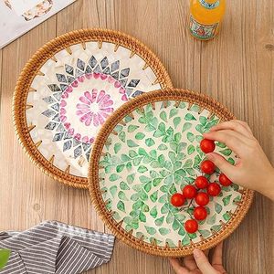 Decorative Rattan Wicker <b>Serving</b> Tray Mother Pearl Inlay-Multi-Functional Bread Basket Fruit Storage Tray for Coffee Table Use - Product Image 1