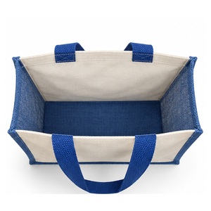 Sac fourre-tout en toile de jute laminée bleue 12x15.5x5.5 pouces avec logo personnalisé, sac de courses réutilisable, vente en gros - Product Image 4