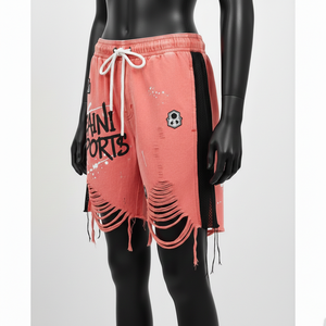 Shorts de Baño de Algodón 330GSM con Lavado Ácido, Paneles Laterales de Malla, Logotipo Personalizado con Impresión Puff, Desgastados y Rotos, Color Rosa Salmón - Product Image 4