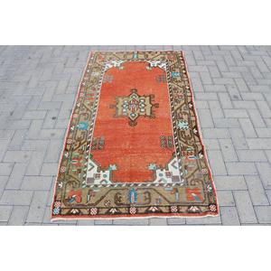 Alfombra Turca Vintage, Alfombra de 3.2x5.7 pies, Alfombra Abstracta con Detalles Rojos - Product Image 1