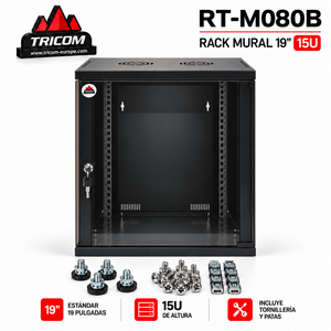 Gabinete de red TRICOM de 19 pulgadas y 15U para montaje en pared con puerta de vidrio y cerradura, incluye tornillos y patas - Product Image 1