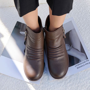 [JSHOE] Bottines à talon compensé en cuir de vache véritable doublées de polaire pour femmes avec fermeture éclair latérale Chaussures de marche confortables pour l'hiver - Product Image 3