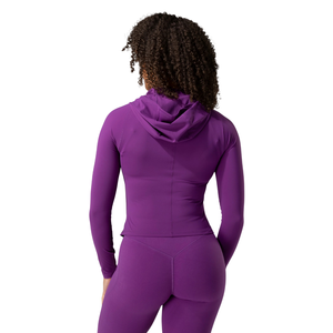 Haut de sport ajusté à manches longues pour femme, veste à capuche zippée violette extensible pour la gym, l'entraînement et le yoga - Product Image 5