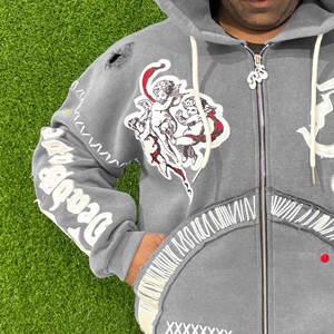 Sweat à capuche oversize en polaire brodé style urbain automne, fermeture éclair de haute qualité, coton mélangé délavé effet soleil, écologique - Product Image 4