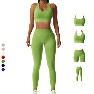 Conjuntos largos de 2 piezas de alta calidad para mujer, Sujetador deportivo de entrenamiento de gimnasio de melocotón para mujer, pantalones cortos, conjuntos de Yoga sin costuras acanalados para mujer - Product Image 1