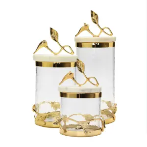 Набор из 3 контейнеров для кухни антикварного дизайна, металлическое стекло и золото/прозрачная стеклянная кухонная канистра с золотой отделкой