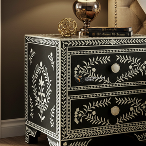 Mesita de noche hecha a mano de lujo con incrustaciones de hueso negro, mesa artística con acento Floral - Product Image 2