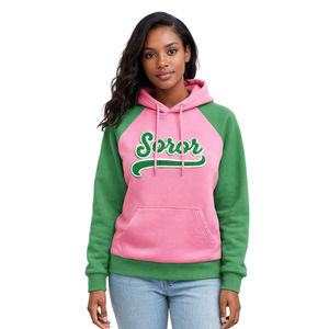 Pink Soror Raglan Sleeve <b>Hoodie</b> Greek Sorority Womens Pink & Green College Sisterhood Stylish Casual <b>Hoodie</b> Apparel - Product Image 1