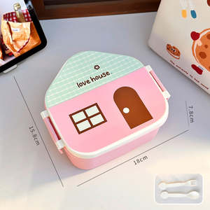 Boîte à bento japonaise Pastel House, adorable boîte à lunch avec cuillère et fourchette, sans BPA, compartiments chauffables, pour le travail, en plastique pour la conservation - Product Image 5