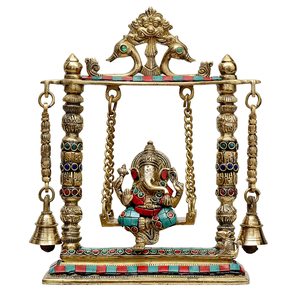 Statue de Ganesha en laiton de style traditionnel faite à la main, avec clochettes suspendues Jhula pour la décoration de la maison, pour le salon, les festivités de Diwali - Product Image 1