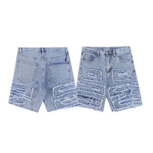 Pantalones Cortos Cargo Casuales de Camuflaje para Hombre, Azul Claro, Transpirables, de Cintura Alta, con Detalles de Parches Estilo Punk, Ajuste Holgado, Bajo Deshilachado y Roto - Product Image 4