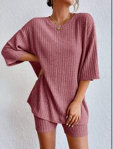 Conjunto Casual de Dos Piezas para Mujer, Top de Manga Corta con Cuello Redondo, Color Sólido, Logotipo Personalizado, Conjunto de Shorts Sexys de Spandex/Algodón, Verano 2026 - Product Image 5