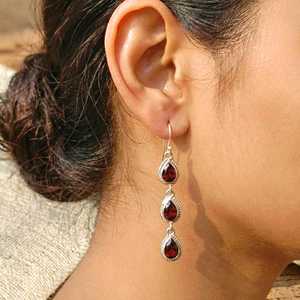 Garnet Bohemian <b>Dangle</b> <b>Earrings</b> Sterling Silver Triple Teardrop Gemstones Handmade Jewelry Party & January Birthstone Gift - Product Image 1