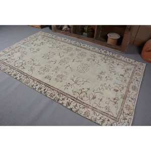 <b>Vintage</b> 4ft 8in Beige & Brown Turkish Wool Rug Classic Patchwork Design for Entryway <b>Bed</b> Room or Teen's Space Latex Backed - Product Image 3