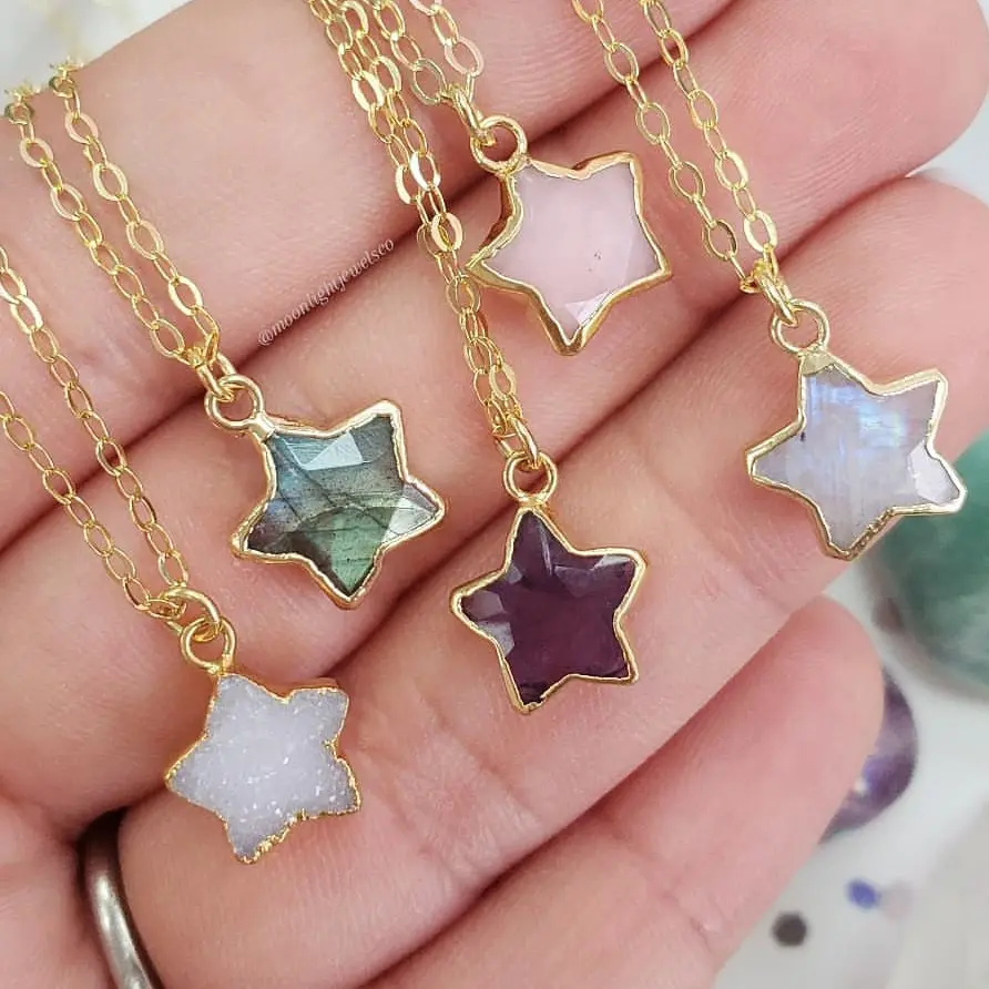 Healing Natural Gemstone North Star Shape Pendant Necklace Agate Turquoise Pentagram Crystal Stone Pendant Necklace Jewelry
