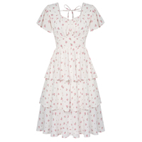 Robe en mousseline à 3 couches pour femmes Robe évasée à volants, manches courtes, col en V carré, ligne A, printemps