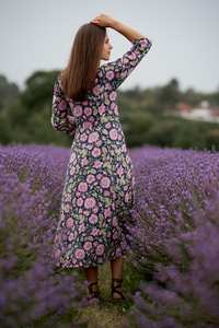 Hand Block Printed Bloom Dress Bohemian Calf Length Floral <b>Navy</b> Rose Pink Handmade - Product Image 5