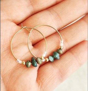 Gold Dainty Hoops with Apatite Gemstone, Frosted Beach Glass Quality <b>Emerald</b> Green Beaded Tassel Earrings - Product Image 1