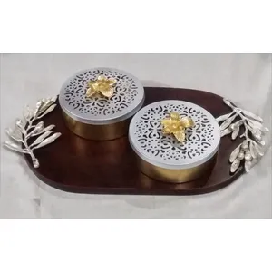 Designer Wooden Tray with Embellishment & Iron Gold/Silver Plated Candy Jar Metal pot with serving tray Wooden bowl set