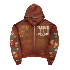 Custom Streetwear Oversized Boxy Heavyweight Cotton Cropped Print Rhinestone Acid Wash Zip up Hoodie - Product Image 2