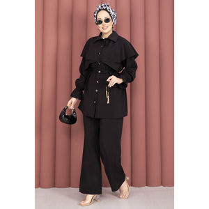 Ensemble tunique et pantalon pour femme, style cape, boutonné, noir, 100% lin crêpe, tailles XS-XXL, ensemble deux pièces - Product Image 4