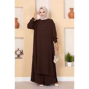 Ensemble deux pièces hijab long semi-boutonné marron café, imprimé floral décontracté en crêpe et tricot pour femmes musulmanes en automne - Product Image 3