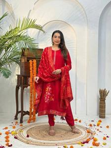 Jacquard Handwork Kurti Pant Dupatta Set in Pure Muslin Meena <b>Detailing</b> Party Wear <b>Quick</b> Dry Wrinkle Free Handcrafted Embroidery - Product Image 3