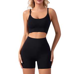 Ensembles de soutien-gorge de sport extensible avec logo personnalisé ensemble de compression de taille haute pour entraînement de fitness ensemble de short de yoga actif pour femmes - Product Image 1