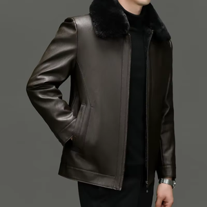 Manteau en cuir à col en fourrure pour homme, hiver, nouveau, épaissi, chaud, col en fourrure amovible, veste en cuir décontractée pour homme, vestes pour homme - Product Image 6