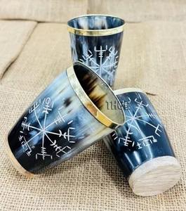 Haute qualité naturel fait à la main Viking corne verrerie tasse Style nautique Animal thème récipient à boire avec jante en laiton poli - Product Image 4
