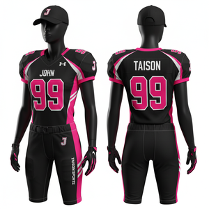 Women American Football Uniform 260 GSM Breathable Polyester Spandex Black <b>Pink</b> White Panel Design Sublimated Custom Team Logo - Product Image 1
