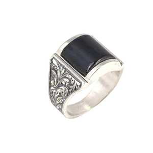 925 Sterling <b>Silver</b> Men's Statement Ring Blue Pressed Amber Stone and <b>Pen</b> Design Bezel Setting Everyday Wear - Product Image 1