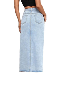 Jupe en jean délavée taille haute style streetwear avec fente latérale, boutonnée, ouverte, jupe crayon pour femmes - Product Image 4