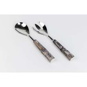 Ensemble de serveurs à salade en acier inoxydable, couverts de haute qualité, cuillère polie, ensemble de couverts pour serveur à salade, manches en bois, style campagnard - Product Image 1