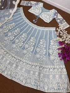 DESIGNER BRIDAL WEAR <strong>HEAVY</strong> SOFT ORGANZA CHINE SEQUINS WORK LEHENGAS WITH <strong>DUPATTA</strong> - Product Image 6