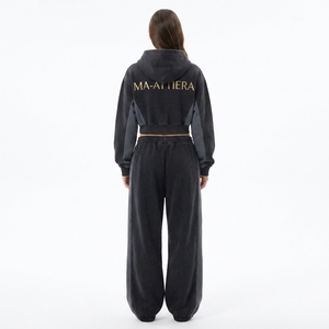 Custom Women Black <b>Cropped</b> Zip Up Hoodie Wide Leg <b>Jogger</b> Set Cotton Fleece Rhinestone Streetwear Tracksuit OEM - Product Image 2