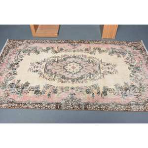 Alfombra turca clásica Vintage, beige, marrón, 3,8x6,7 pies, lana hecha a mano con respaldo de látex, patrón de retazos rectangulares para cabecera - Product Image 3