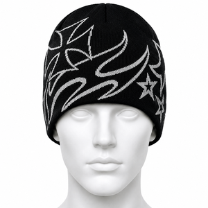 Red Jacquard <b>Knit</b> Beanie With Skull <b>Pattern</b> Unisex Winter Hat Punk Style Adult Size 56-58CM - Product Image 3