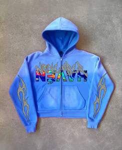 Ropa de calle de alta calidad Sudadera con capucha Fleece Blank Boxy Zip up Vintage Doble capa Lavado ácido Sun Faded Sudaderas con capucha desgastadas para hombres - Product Image 5