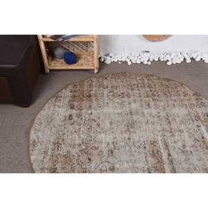 พรมตุรกีวินเทจ4.9 x 4.9ft เบจสีน้ำตาลสานแบบเรียบขนสัตว์เย็บปะติดปะต่อกันสำหรับห้องนั่งเล่นห้องโถงตกแต่งยางรอง - Product Image 5