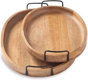 Plateau de service en bois de noyer de qualité supérieure, ensemble de 2 pièces avec poignées en métal, plateau à café brun, plateau en bois décoratif pour la maison et la cuisine - Product Image 1
