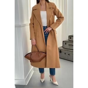 Abrigo de cadena con bolsillos Camel de tela tejida al por mayor para otoño - Product Image 5