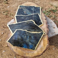 Nouvel Arrivage – Sous-verres en Agate Labradorite Éclatante, Forme Naturelle, Bordure Dorée, Faits Main, Écologiques, Tranches