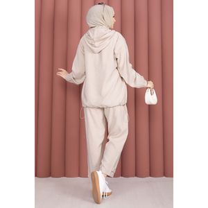 Ensemble décontracté 2 pièces côtelé avec fermeture éclair en beige (coupe ample pour l'été et l'hiver) - Product Image 6