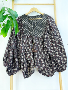 Blusa Bohemia Floral terroso de algodón puro Top indio Bagru bloque estampado verano cómodo ropa de día gasa de longitud corta - Product Image 3