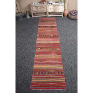 Tapis turc 2,6 x 11,2 pieds, tapis Kilim, tapis rayé arc-en-ciel en laine - Product Image 1